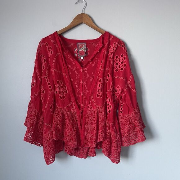 Johnny Was Tops - Johnny Was Xanthos Rae Blouse Red Embroidered Flowy Button Up Women's Medium